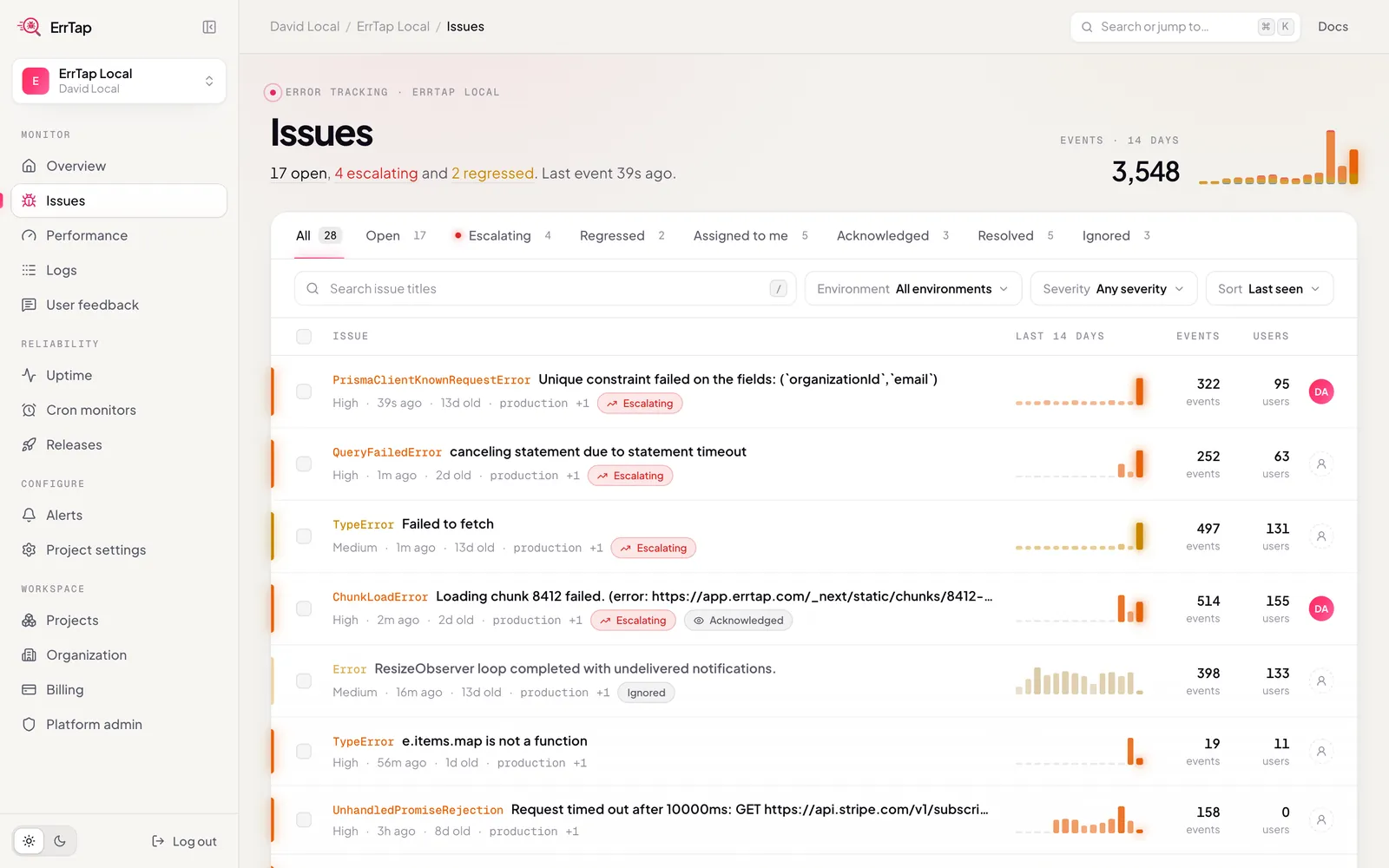 ErrTap Issues screen